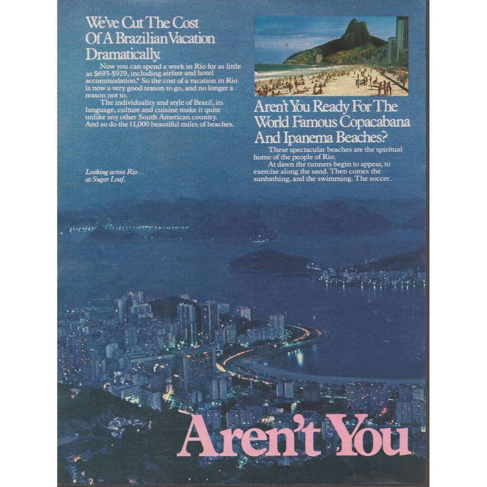 Pan Am Rio de Janeiro Brazil Tourism Copacabana Ipanema Centerfold Print Ad 1983